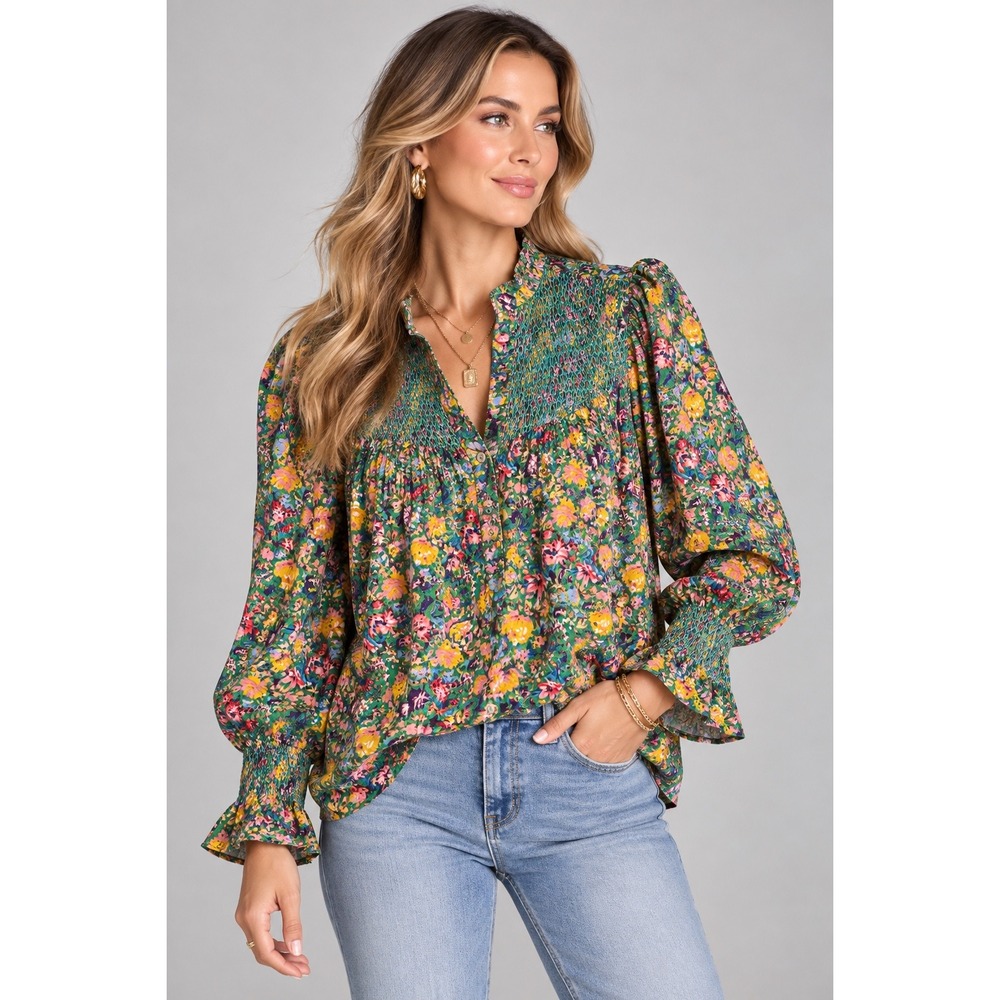 The Shirt Rochelle Behrens Smocked Floral Blouse Green Multi M Long Sleeve Top